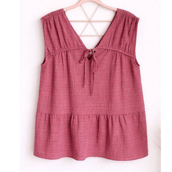 LOFT NEW Mauve Tiered Tie V-Neck V-Back Crinkle Gauze Swing Shirt Top SZ Large - Picture 2 of 13